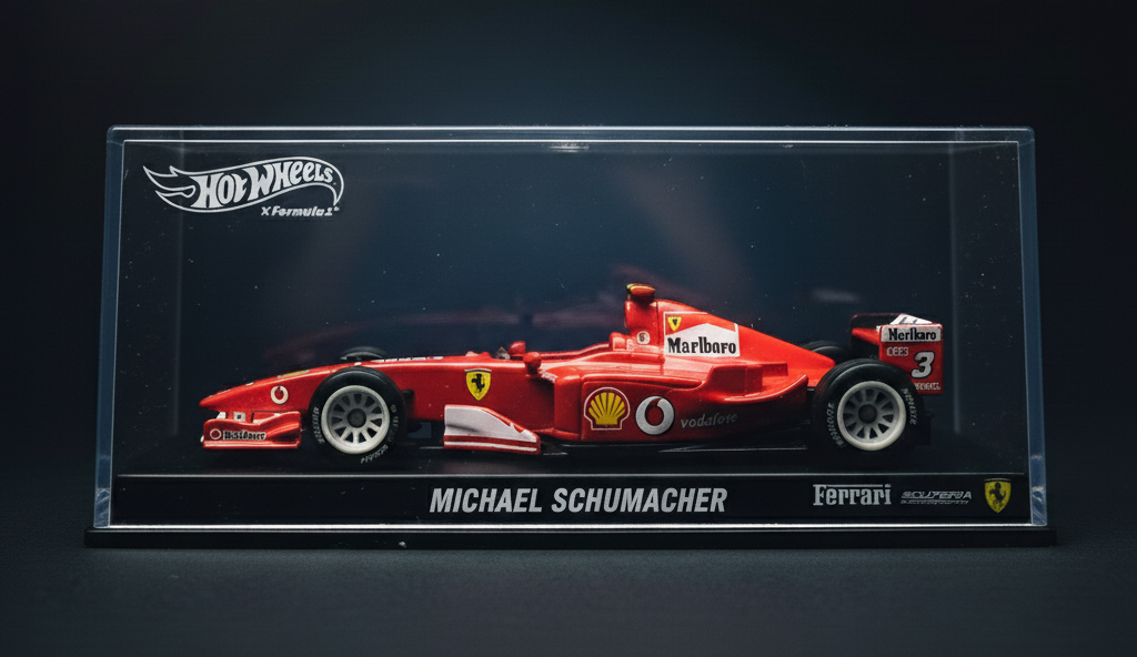 Hot Wheels x Michael Schumacher, displayed in container, image generated by Google Gemini